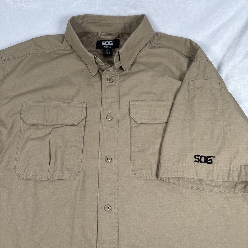 SOG Tactical Shirt Mens Sz XL Tan Khaki Ripstop Short Sleeve Button Up Military